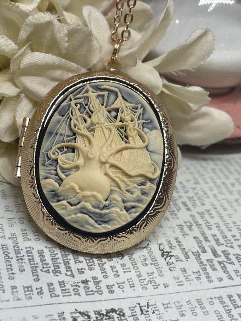 Rose Gold Kraken Octopus Ship Ocean Sea Nautical Locket Necklace Photo Jewelry